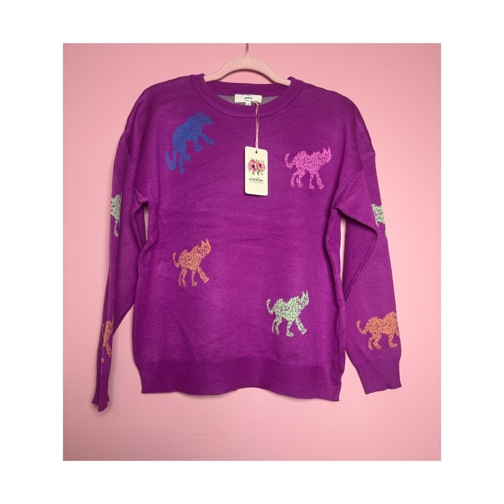 Entro Women Purple Cat Intarsia Whimsical Knit Crewneck Sweater T21074 NWT Small
